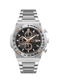 Silberne Chronographenuhr aus Edelstahl mit schwarzem strukturiertem Zifferblatt, roségoldenen Akzenten, Tachymeterskala und drei Hilfszifferblättern.