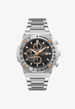 Sølvfarvet rustfrit stålkronografur med sort tekstureret urskive, rosaguldsdetaljer, tachymeterskala og tre underskiver.