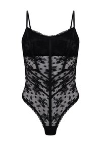 Zwarte kant bodysuit met dunne bandjes, bloemenborduursel, scalloped rand en doorschijnende panels. Gestructureerd ontwerp met verticale lijnen en hoge uitsnijding bij de benen.