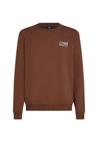 Bruine sweatshirt met lange mouwen en een geribde ronde hals. Bevat een wit geborduurd logo op de linkerborst. Zacht stof met een gladde textuur.