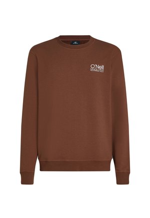 Bruine sweatshirt met lange mouwen en een geribde ronde hals. Bevat een wit geborduurd logo op de linkerborst. Zacht stof met een gladde textuur.