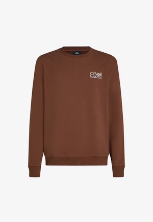 Pruun dressipusa, millel on pikad varrukad ja ribitud ümar kaelus. Vasakul rinnal on valge tikandiga logo. Pehme kangas sileda tekstuuriga.