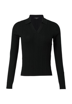 Black ribbed long-sleeve sweater featuring a V-neck and collar. The fabric has a textured finish with a fitted silhouette.