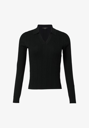 Schwarzer, gerippter Pullover mit langen Ärmeln, V-Ausschnitt und Kragen. Der Stoff hat eine strukturierte Oberfläche und eine figurbetonte Silhouette.