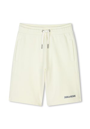 Shorts blancs avec une taille élastique, fermeture à cordon, et deux poches latérales. Dotés d'un logo discret sur la jambe gauche. Texture lisse.