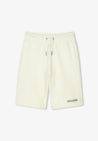 Witte shorts met een elastische tailleband, trekkoordsluiting en twee zijzakken. Heeft een subtiel logo op het linkerbeen. Soepele textuur.