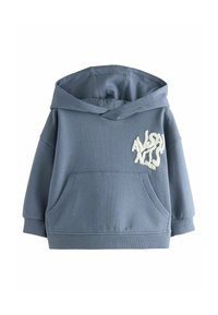 Felpa blu per bambini con tasca frontale e testo ondulato bianco "ALLSAINTS LONDON" sul petto.