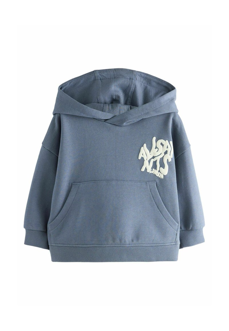 Felpa blu per bambini con tasca frontale e testo ondulato bianco "ALLSAINTS LONDON" sul petto.