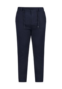 Navy linen blend pants with a relaxed fit, drawstring waist, and a button closure. Smooth texture with tapered legs and minimal detailing.