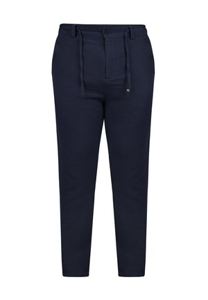 Pantalones de mezcla de lino en color navy con un ajuste relajado, cintura con cordón y cierre de botón. Textura suave con piernas ajustadas y detalles mínimos.