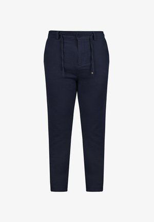 Navy linen blend pants with a relaxed fit, drawstring waist, and a button closure. Smooth texture with tapered legs and minimal detailing.