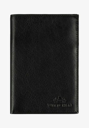 Black leather wallet with a textured finish, embossed logo, and stitched edges. Compact and rectangular design. No visible hardware.