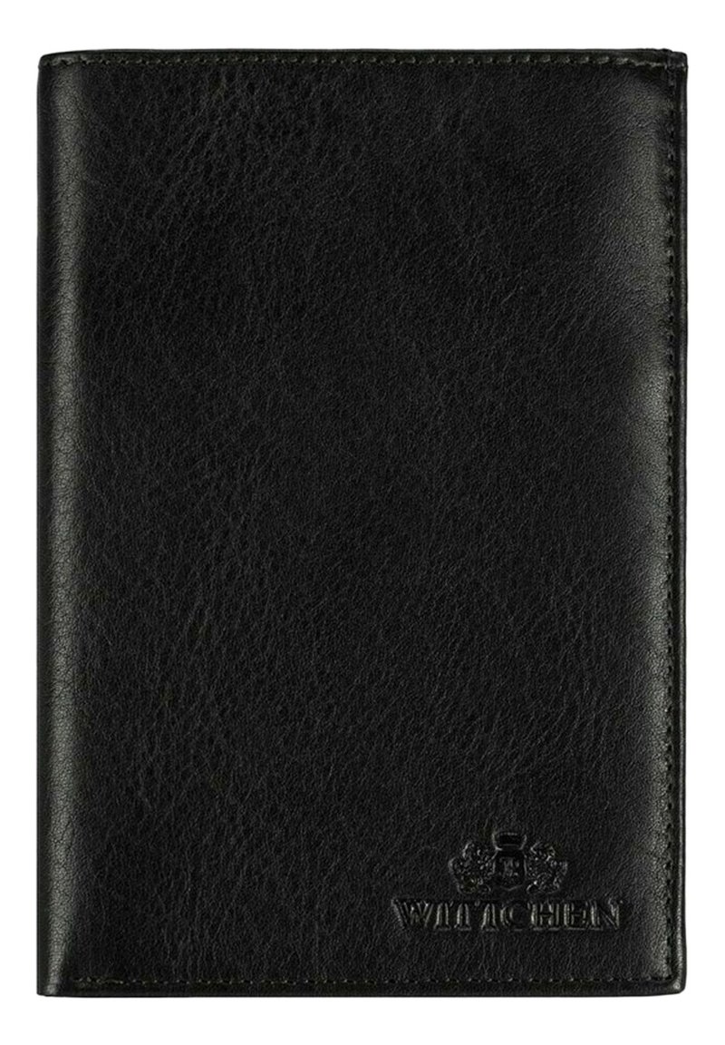 Portafoglio in pelle nera con una finitura testurizzata, logo in rilievo e bordi cuciti. Design compatto e rettangolare. Senza hardware visibile.