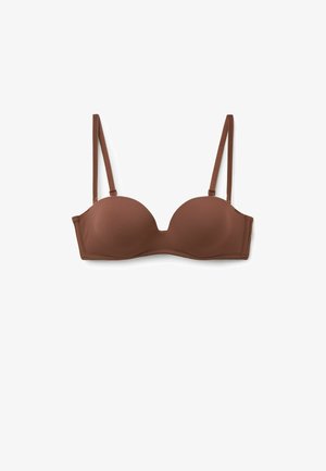 Brązowy stanik wypełniony, z cienkimi regulowanymi ramiączkami, bezszwowe miseczki i gładka tekstura. Charakteryzuje się prostym wzorem bez ozdób.