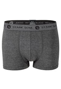 Boxer briefs in cotone grigio con una fascia nera che presenta la scritta "STARK SOUL" in lettere grigie. Tessuto liscio e design aderente. Etichetta con taglia L visibile.