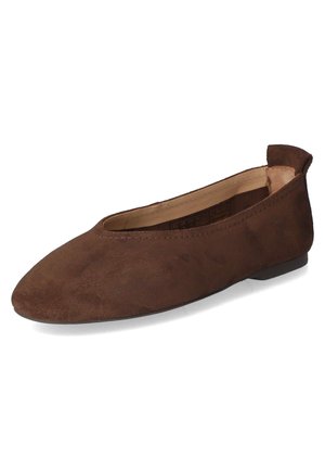 Brauner Veloursleder-Flachschuh mit abgerundeter Spitze und niedrigem Absatz, mit Zuglasche hinten und schlichtem Schlupf-Design.