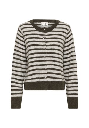 Rudas ir baltas horizontaliai dryžuotas kardiganas su apvalia apykakle, ilgomis rankovėmis, perlo formos sagomis priekyje ir kietomis rudo spalvos rankogaliais bei apačia.