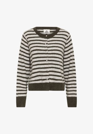 Hnědý a bílý cardigan s horizontálními pruhy, kulatým výstřihem, dlouhými rukávy, knoflíky připomínajícími perly po celé délce a jednobarevnými hnědými manžetami a lemem.