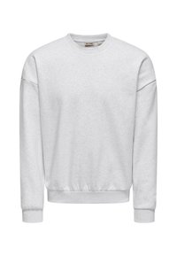 Sweatshirt gris clair en tissu doux, présentant un col rond, des manches longues avec des poignets côtelés, et une taille côtelée.