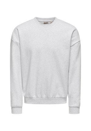 Felpa grigia chiaro realizzata in tessuto morbido, con scollo rotondo, maniche lunghe con polsini a coste e vita a coste.