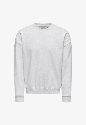 Felpa grigia chiaro realizzata in tessuto morbido, con scollo rotondo, maniche lunghe con polsini a coste e vita a coste.