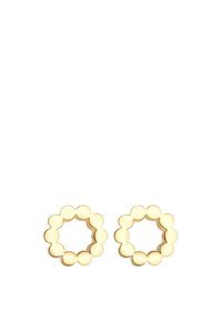 Goldfarbene, blumenförmige Ohrringe mit einem gewellten Randdesign, glatter Textur und einem offenen Zentrum.