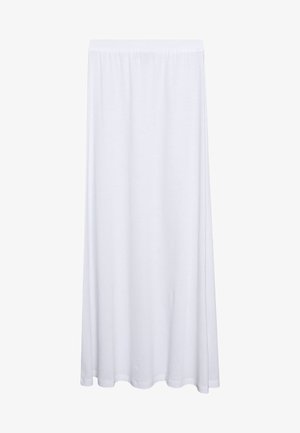 Pitkä valkoinen hame, jossa on joustava vyötärönauha, sileä kangas ja suora, virtaava siluetti.