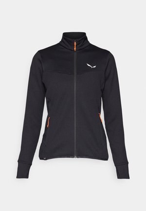Juoda zip-up striukė su tekstūruotu audiniu, aukštu apykakle ir oranžinėmis užtrauktukų detalėmis. Yra dvi šoninės kišenės su oranžiniais užtrauktukais.