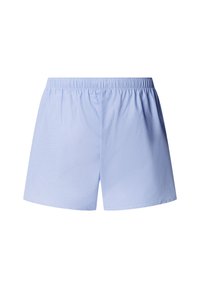 Pantalones cortos de algodón de cintura elástica en azul claro, con un ajuste holgado y diseño sencillo, mostrados de frente sobre un fondo blanco.