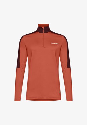 Langsleeve shirt met hoge kraag in koraaloranje met donker bordeauxrode accenten op de schouders. Gemaakt van een gladde, ademende stof. Heeft een halve ritssluiting.