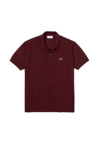 Burgundská polo košile vyrobená z bavlněné směsi s plochým límečkem, krátkými rukávy a zeleným logem Lacoste na levém prsu.
