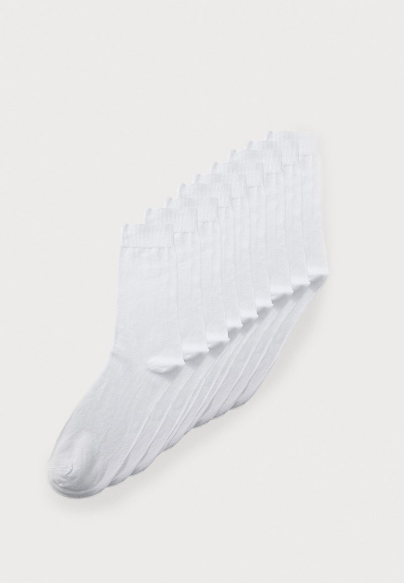 Eine Reihe von weißen Baumwollsocken. Jede Socke hat einen gerippten Bund und eine runde Zehenpartie, die einen glatten, einfarbigen Stoff zeigt.