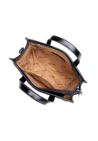 Borsa tote in pelle nera con interno spazioso, dotata di chiusura a zip e fodera beige chiaro. L'interno dispone di molteplici tasche.