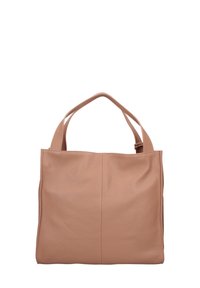 Leren tas in bruintinten met twee korte handvatten, zachte textuur en minimalistisch ontwerp. Een naaddetail loopt door het midden.