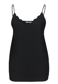 Haut noir sans manches avec un col festonné et de fines bretelles. Texture douce, design simple et coupe droite. Aucun motif ni détail supplémentaire.