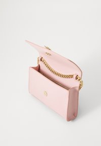 Pink leather shoulder bag with gold chain strap. Features a flap closure and a single compartment interior. Smooth texture and minimal design.