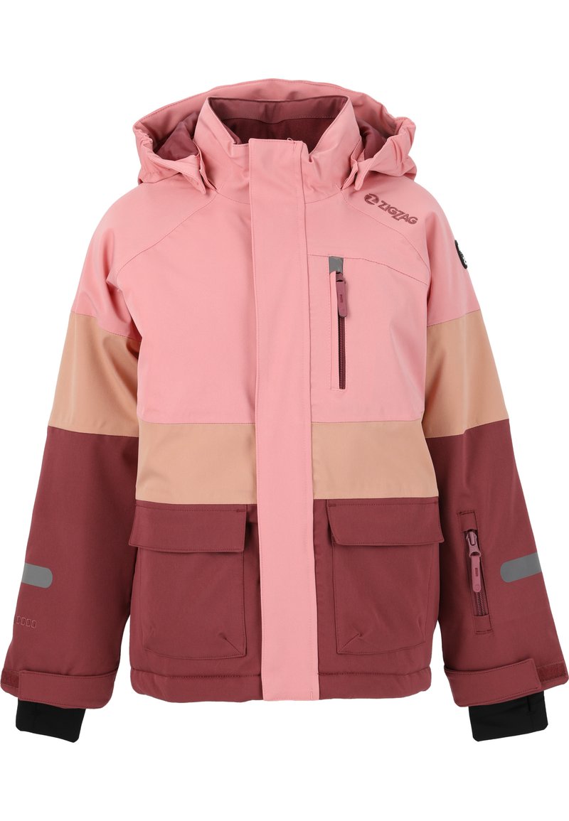 Giacca isolante colorata con pannelli rosa, beige e bordeaux, cappuccio, chiusura zip frontale e diverse tasche con dettagli riflettenti.