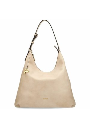 Sac à épaule en cuir beige avec sangle réglable, tirette de fermeture éclair dorée et petit charm doré "P", marqué "Picard" à l'avant.