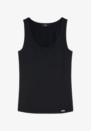 Czarny, bezrękawnik z okrągłym dekoltem, z małą metalową metką marki przy dolnym brzegu.