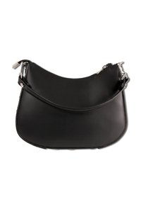 Sac à main en cuir noir à la forme incurvée, doté de ferrures argentées et d'une seule bandoulière ajustable. Texture lisse et design minimaliste.