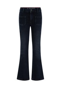Mörkblå utsvängda jeans i denim. Har en knappstängning, fem fickor och subtila sömnadsdetaljer längs fickkanterna.