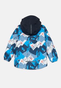 Detská zimná bunda s modrým horským vzorom, tmavou kapucňou, elastickými manžetami a reflexným akcentom na chrbte.