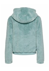 Faux fur jacket in light blue, cropped design with a hood, ribbed hem and cuffs, featuring a soft, textured surface.