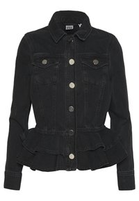 Black denim jacket featuring a peplum hem, spread collar, front pockets, and metallic buttons. Textured fabric with a fitted silhouette.