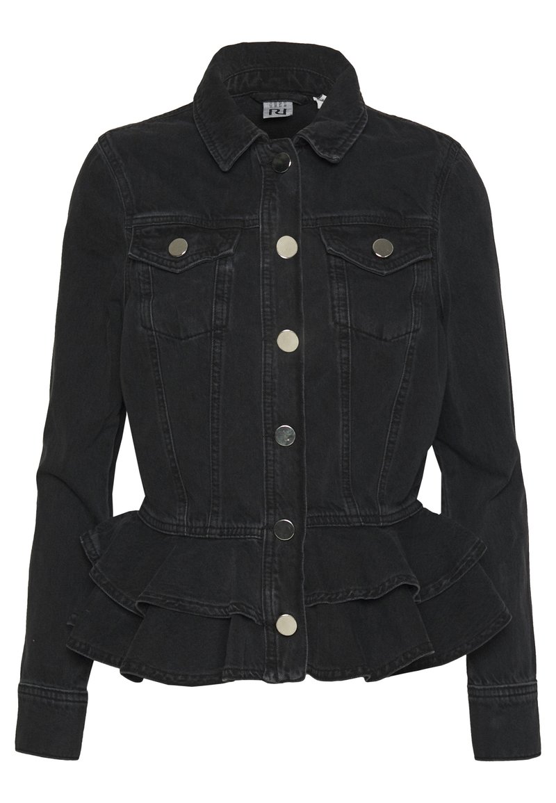 Black denim jacket featuring a peplum hem, spread collar, front pockets, and metallic buttons. Textured fabric with a fitted silhouette.
