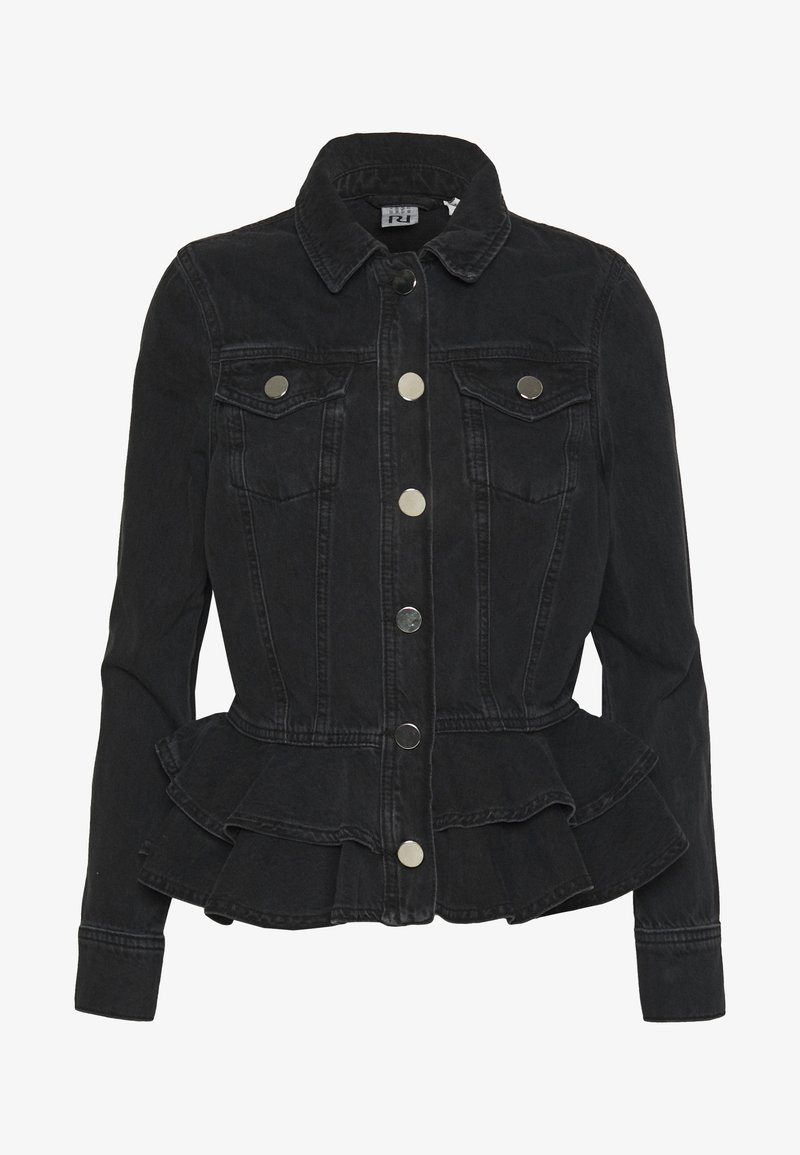 Black denim jacket featuring a peplum hem, spread collar, front pockets, and metallic buttons. Textured fabric with a fitted silhouette.