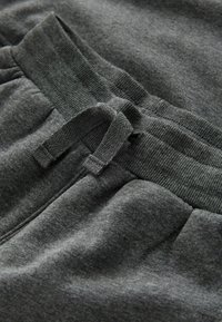 Pantalon de survêtement gris avec une taille côtelée et un cordon de serrage, fabriqué dans un matériau doux et présentant des détails de couture horizontale sur les côtés.