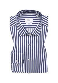 Vervouwen slanke slim-fit overhemd met marineblauwe en witte verticale strepen en een gespreide kraag, met knoopmanchetten.