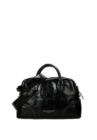 Borsa a mano in pelle nera con superficie texturizzata, forma arrotondata, doppi manici, tracolla regolabile e dettagli borchiati. Logo visibile sul davanti.