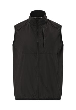 Gilet senza maniche nero realizzato in tessuto leggero e testurizzato. Presenta un colletto alto e una zip frontale, con una silhouette slanciata e un design minimalista.